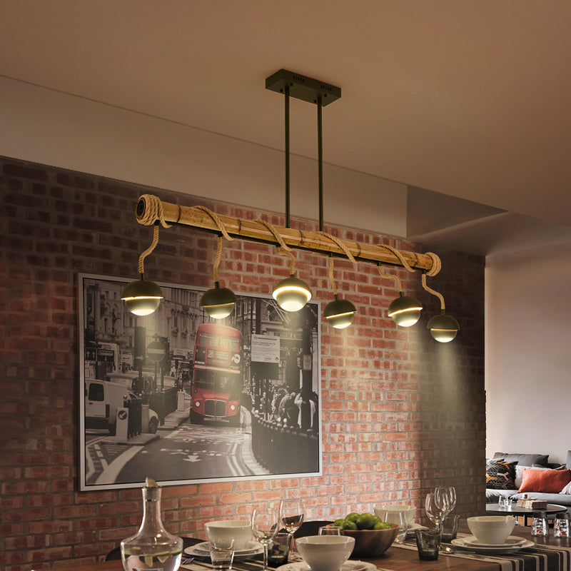 Industrial Linear Chandelier With Bamboo Tube And Rope 2/3/6 Bulbs Black Iron Pendant Lamp -