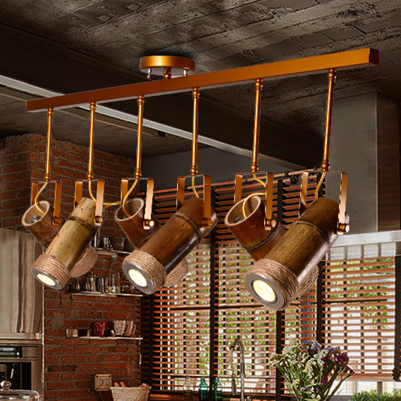 3/6 Bulbs Bamboo Tube Island Pendant - Brown Iron Suspension Lighting With Hemp Rope 6 /