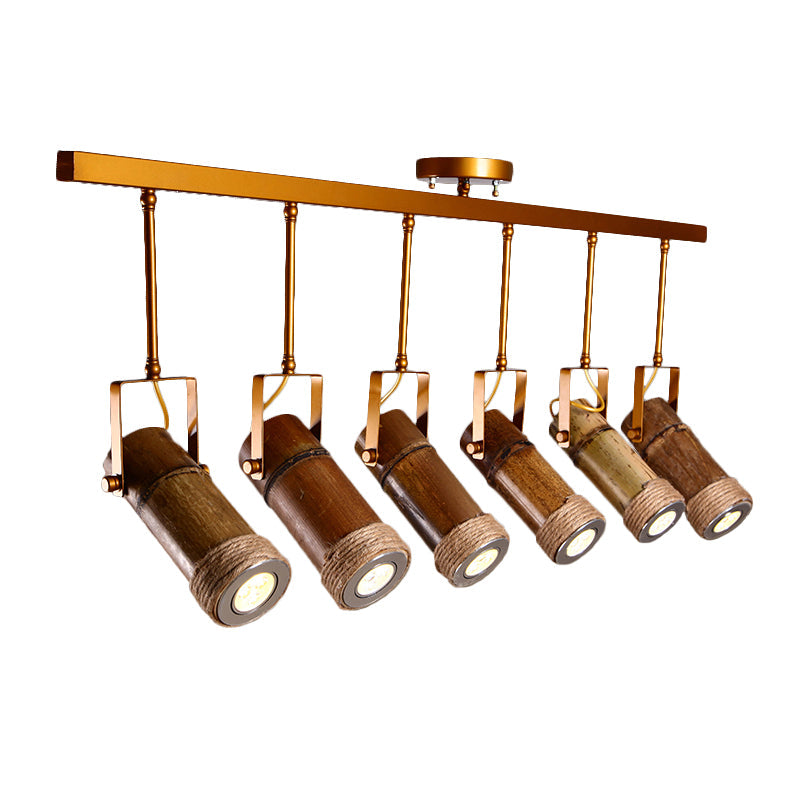 3/6 Bulbs Bamboo Tube Island Pendant - Brown Iron Suspension Lighting With Hemp Rope