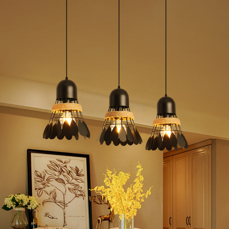 Modern Black/White Iron Dining Room Pendant Light With Rope And Round/Linear Canopy - Badminton