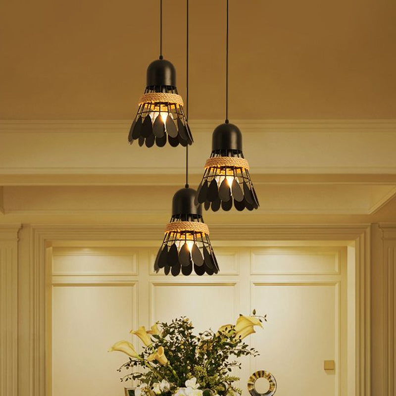 Modern Black/White Iron Dining Room Pendant Light With Rope And Round/Linear Canopy - Badminton