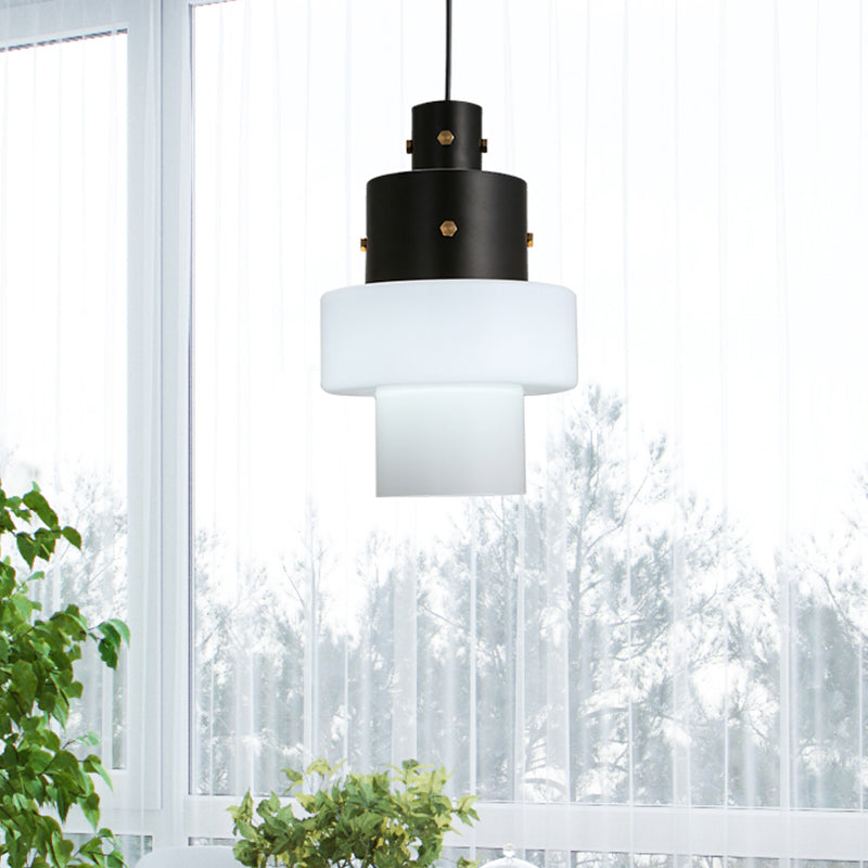 Industrial Style White Glass Pendant Light For Bedroom Ceiling - Column Design With 1 Head Black