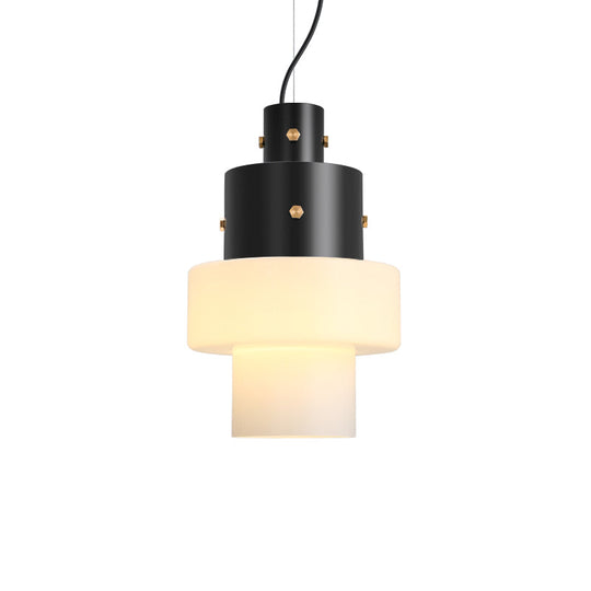 Industrial Style Bedroom Pendant Light - Column Design with White Glass Shade and Black Down Lighting