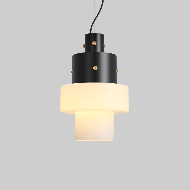 Industrial Style Bedroom Pendant Light - Column Design with White Glass Shade and Black Down Lighting