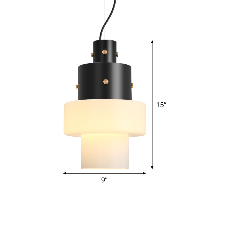 Industrial Style White Glass Pendant Light For Bedroom Ceiling - Column Design With 1 Head Black