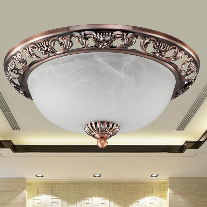 Opal Glass Flush Mount Ceiling Light in Bronze/Copper - Countryside 3-Head, Metal Fixture - Wide Sizes: 12"/16"/19.5