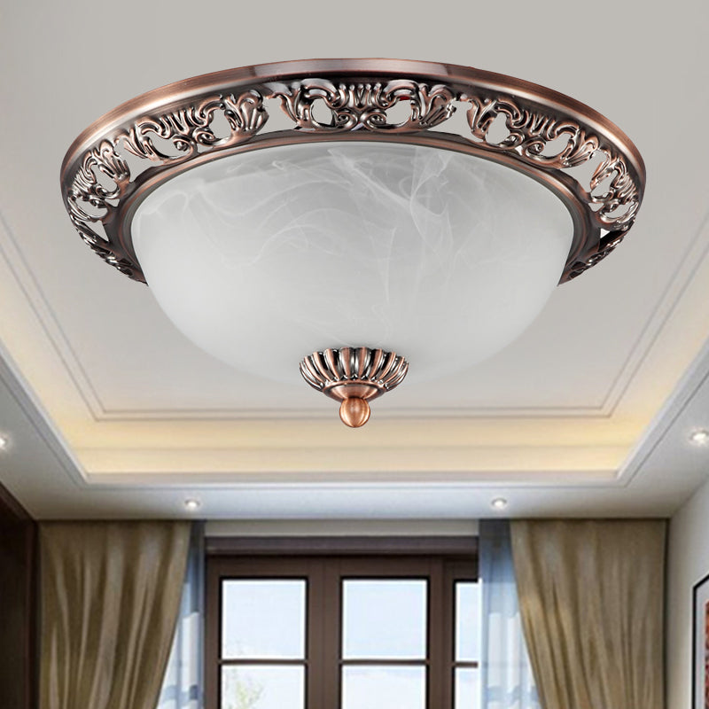 Opal Glass Flush Mount Ceiling Light In Bronze/Copper - Countryside 3-Head Metal Fixture Wide Sizes: