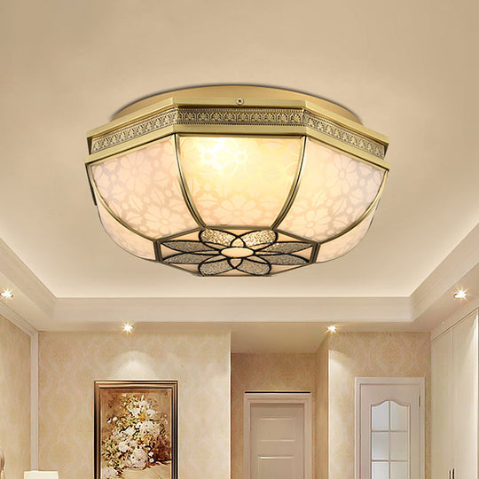 Frosted Glass Gold Flush Mount Ceiling Fixture with Flower Pattern - 4-Light Colonial Metal design