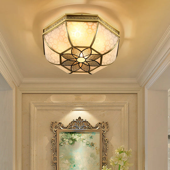 Frosted Glass Gold Flush Mount Ceiling Fixture with Flower Pattern - 4-Light Colonial Metal design