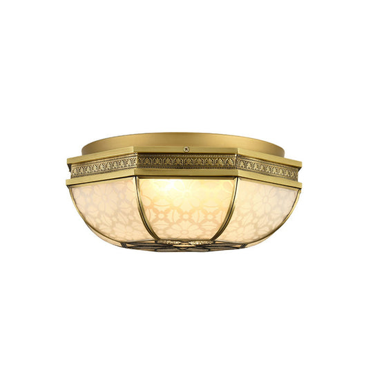 Frosted Glass Gold Flush Mount Ceiling Fixture with Flower Pattern - 4-Light Colonial Metal design