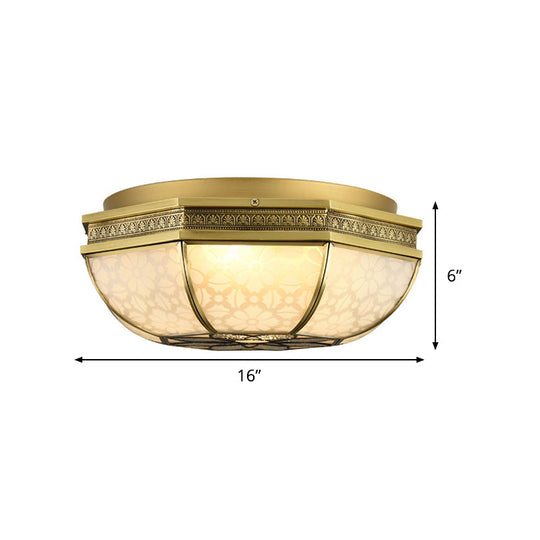 Frosted Glass Gold Flush Mount Ceiling Fixture with Flower Pattern - 4-Light Colonial Metal design