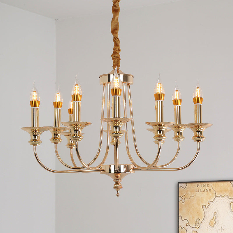 Colonial Metal Candelabra Chandelier: 10-Light Gold Pendant With Curvy Arm For Living Room