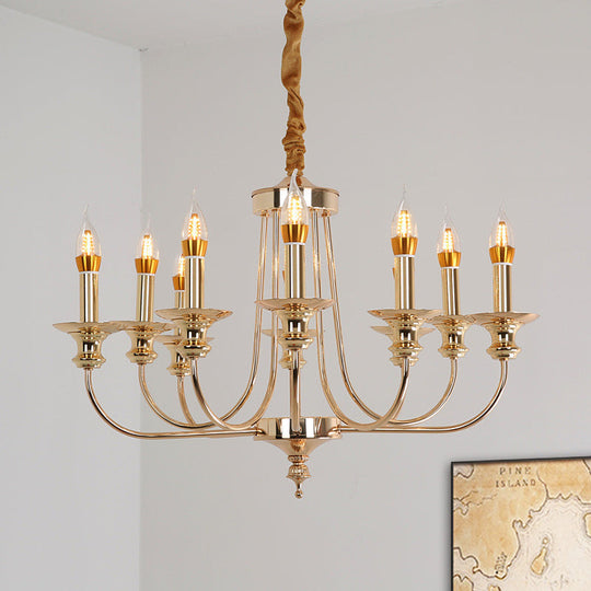 Colonial Metal Candelabra Chandelier: 10-Light Gold Pendant With Curvy Arm For Living Room