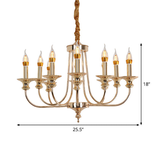 Colonial Metal Candelabra Chandelier: 10-Light Gold Pendant With Curvy Arm For Living Room