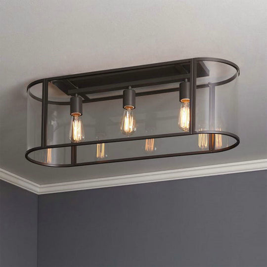 3-Head Flush Mount Light: Metal Warehouse Corridor Lighting with Oval Clear Glass Shade in Black/Gold