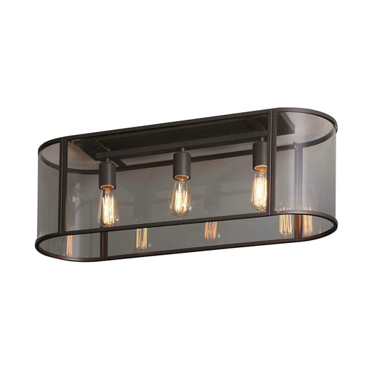 3-Head Flush Mount Light: Metal Warehouse Corridor Lighting with Oval Clear Glass Shade in Black/Gold