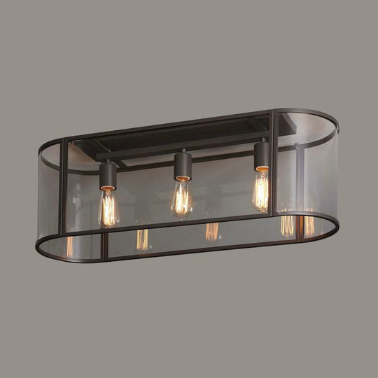 3-Head Flush Mount Light: Metal Warehouse Corridor Lighting with Oval Clear Glass Shade in Black/Gold