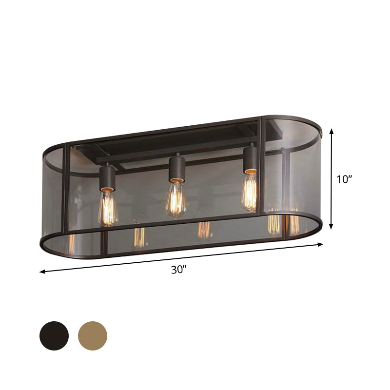 3-Head Flush Mount Light: Metal Warehouse Corridor Lighting with Oval Clear Glass Shade in Black/Gold