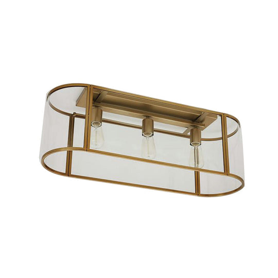 3-Head Flush Mount Light: Metal Warehouse Corridor Lighting with Oval Clear Glass Shade in Black/Gold