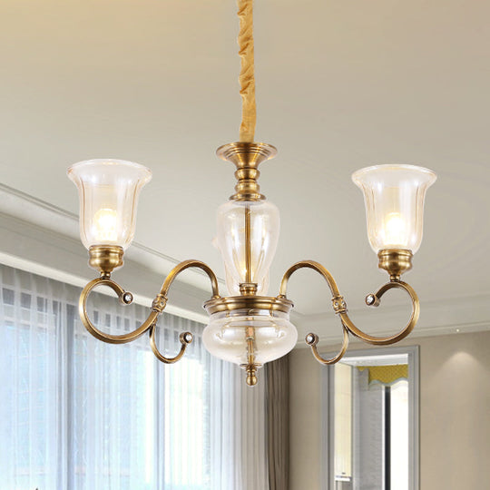 Farmhouse Chandelier Lamp: Bell Clear Glass Brass Suspension Lighting With Metal Arm - 3/6/8 Lights