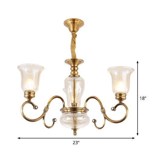 Farmhouse Chandelier Lamp: Bell Clear Glass Brass Suspension Lighting With Metal Arm - 3/6/8 Lights