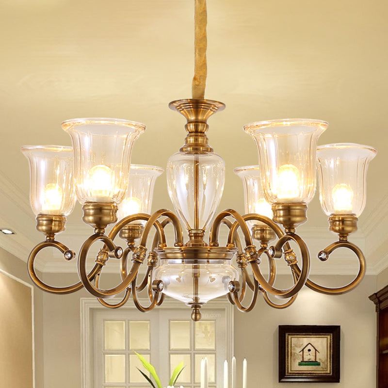 Farmhouse Chandelier Lamp: Bell Clear Glass Brass Suspension Lighting With Metal Arm - 3/6/8 Lights