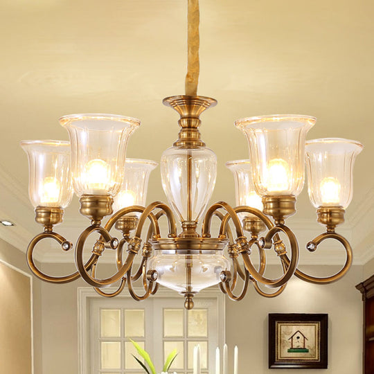 Farmhouse Chandelier Lamp: Bell Clear Glass Brass Suspension Lighting With Metal Arm - 3/6/8 Lights