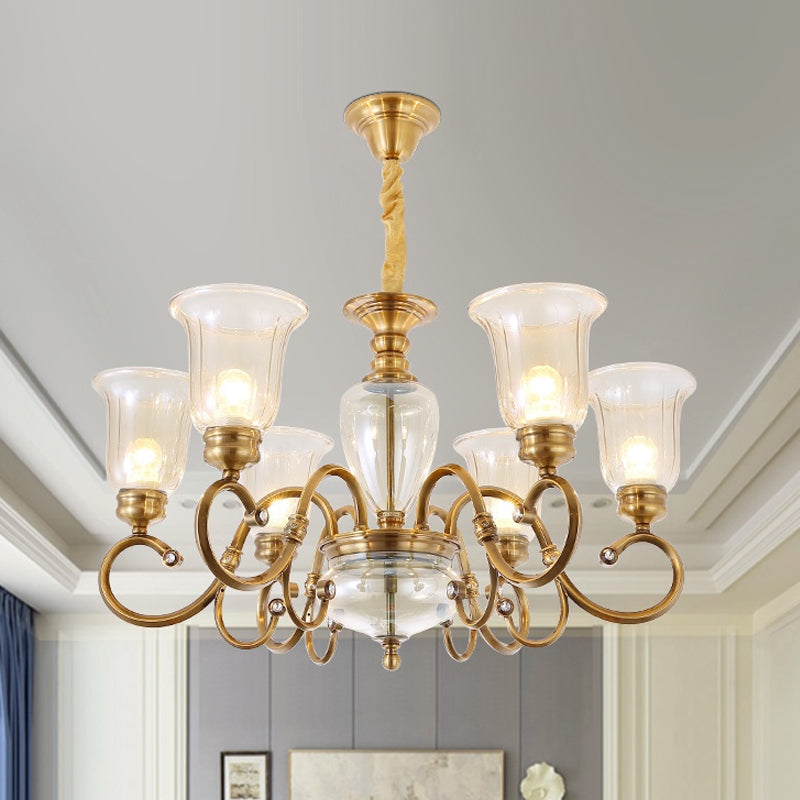 Farmhouse Chandelier Lamp: Bell Clear Glass Brass Suspension Lighting With Metal Arm - 3/6/8 Lights