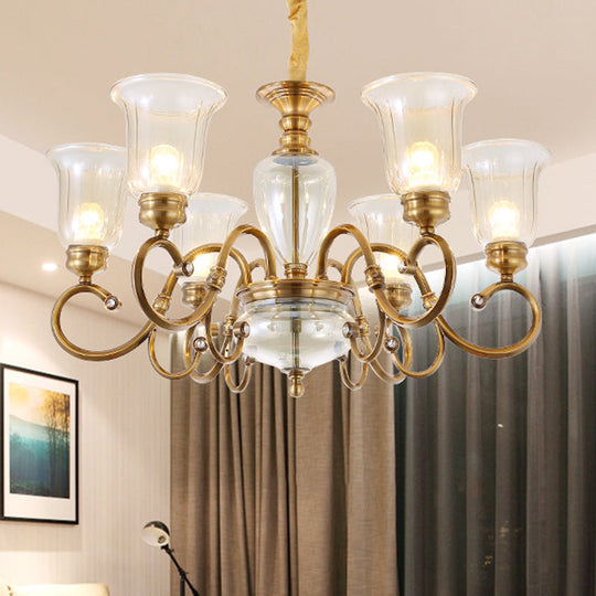 Farmhouse Chandelier Lamp: Bell Clear Glass Brass Suspension Lighting With Metal Arm - 3/6/8 Lights