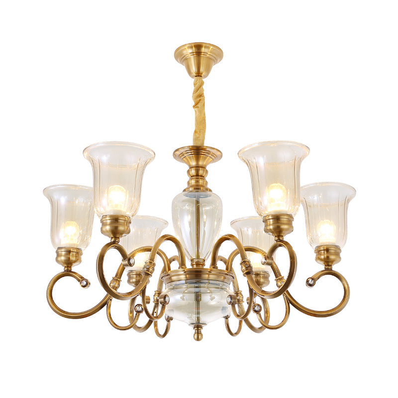 Farmhouse Chandelier Lamp: Bell Clear Glass Brass Suspension Lighting With Metal Arm - 3/6/8 Lights