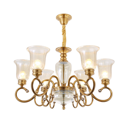 Farmhouse Chandelier Lamp: Bell Clear Glass Brass Suspension Lighting With Metal Arm - 3/6/8 Lights