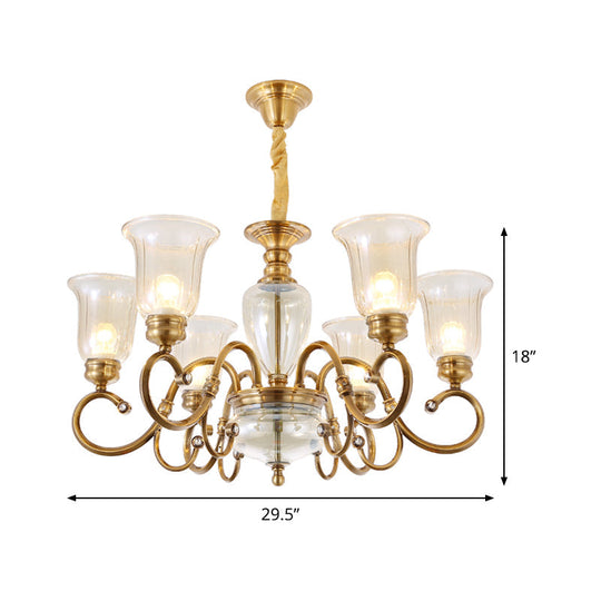 Farmhouse Chandelier Lamp: Bell Clear Glass Brass Suspension Lighting With Metal Arm - 3/6/8 Lights