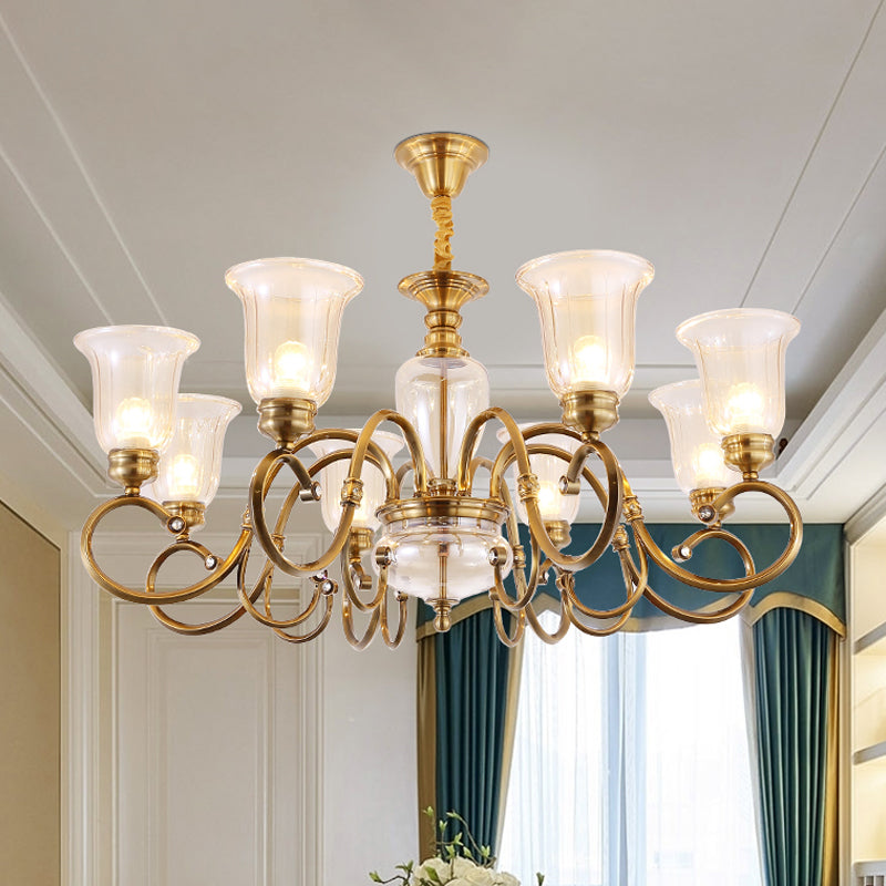 Farmhouse Chandelier Lamp: Bell Clear Glass Brass Suspension Lighting With Metal Arm - 3/6/8 Lights