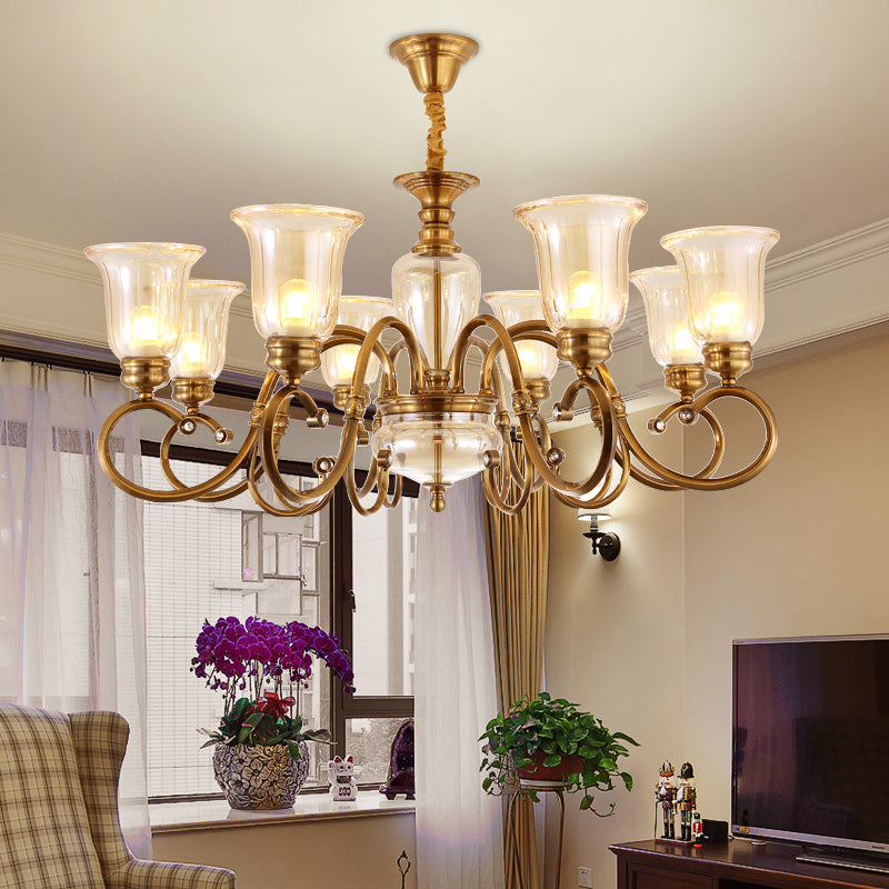 Farmhouse Chandelier Lamp: Bell Clear Glass Brass Suspension Lighting With Metal Arm - 3/6/8 Lights