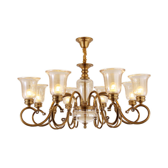 Farmhouse Chandelier Lamp: Bell Clear Glass Brass Suspension Lighting With Metal Arm - 3/6/8 Lights