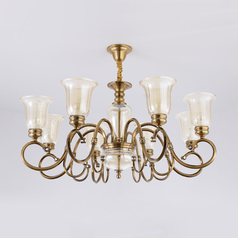 Farmhouse Chandelier Lamp: Bell Clear Glass Brass Suspension Lighting With Metal Arm - 3/6/8 Lights