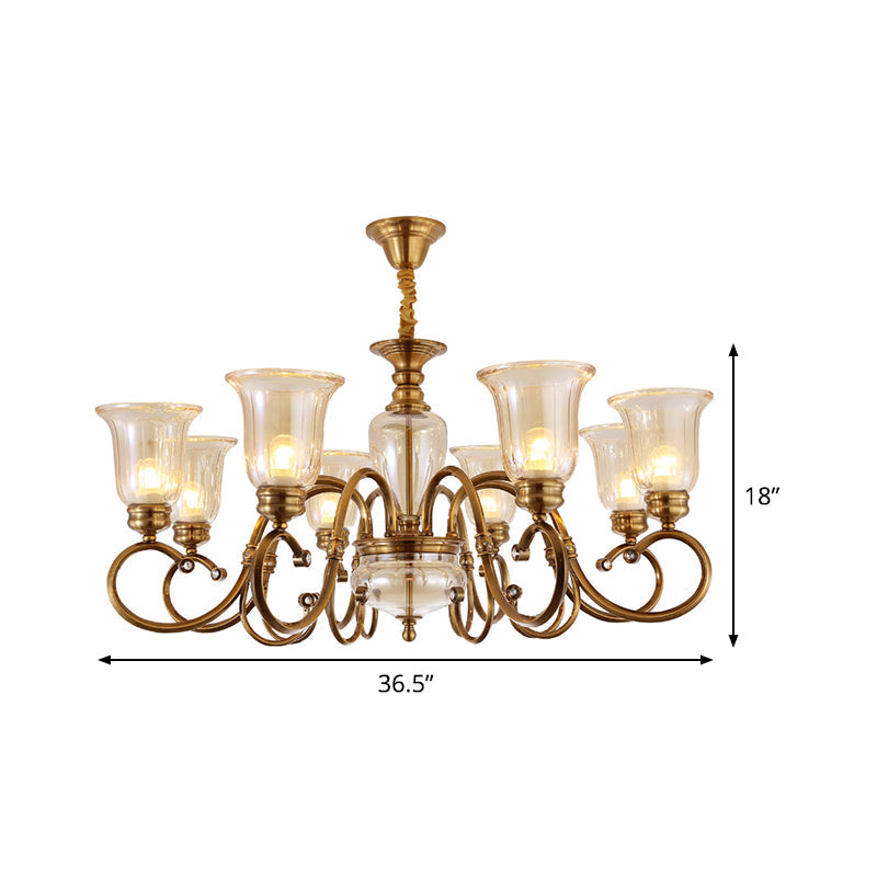 Farmhouse Chandelier Lamp: Bell Clear Glass Brass Suspension Lighting With Metal Arm - 3/6/8 Lights