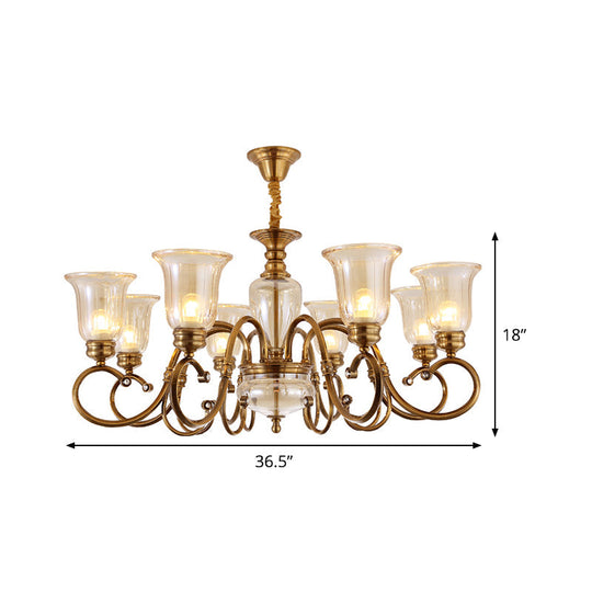 Farmhouse Chandelier Lamp: Bell Clear Glass Brass Suspension Lighting With Metal Arm - 3/6/8 Lights