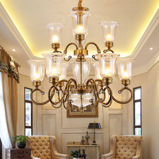 Farmhouse Chandelier Lamp: Bell Clear Glass Brass Suspension Lighting With Metal Arm - 3/6/8 Lights