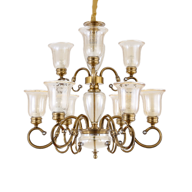 Farmhouse Chandelier Lamp: Bell Clear Glass Brass Suspension Lighting With Metal Arm - 3/6/8 Lights