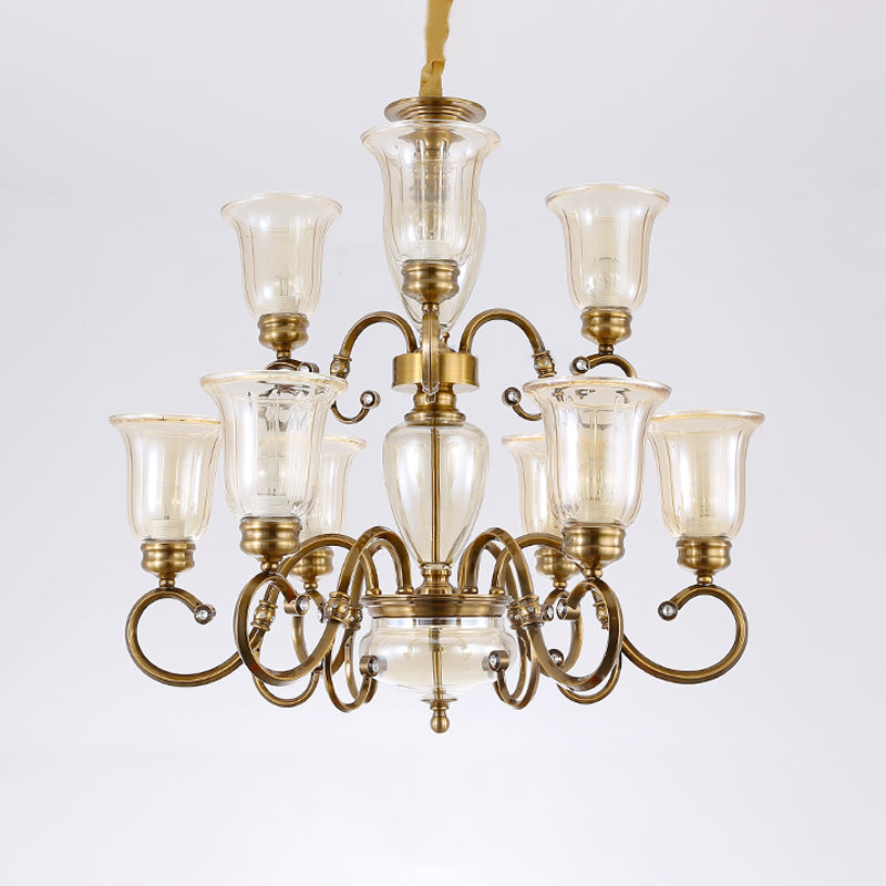 Farmhouse Chandelier Lamp: Bell Clear Glass Brass Suspension Lighting With Metal Arm - 3/6/8 Lights