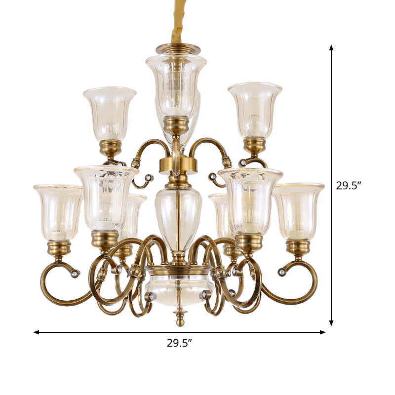 Farmhouse Chandelier Lamp: Bell Clear Glass Brass Suspension Lighting With Metal Arm - 3/6/8 Lights