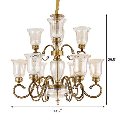 Farmhouse Chandelier Lamp: Bell Clear Glass Brass Suspension Lighting With Metal Arm - 3/6/8 Lights