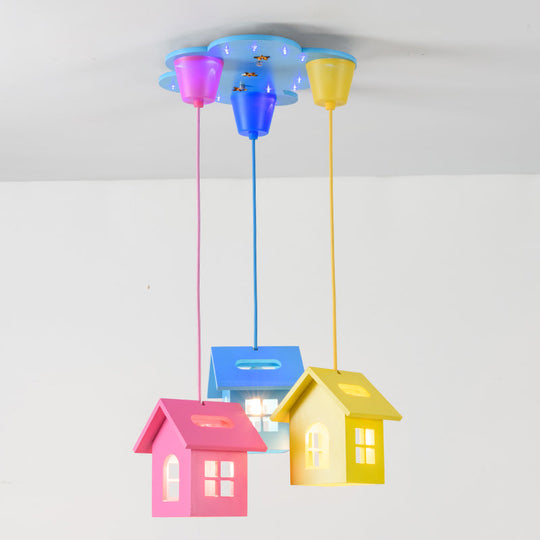 Colorful 3-Head Bedroom Pendant Lighting With Wooden House Shade