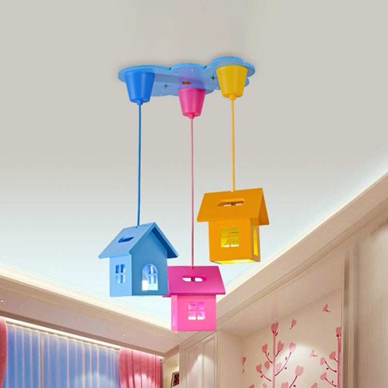 Colorful 3-Head Bedroom Pendant Lighting With Wooden House Shade