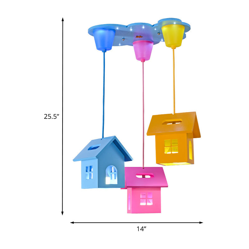 Colorful 3-Head Bedroom Pendant Lighting With Wooden House Shade