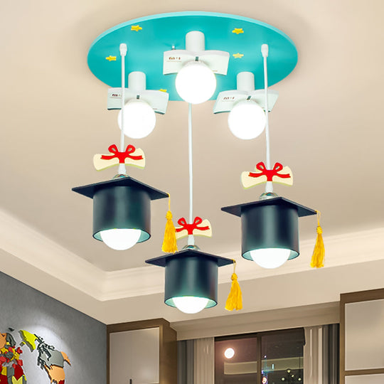 6-Head Blue Metal Cluster Pendant Light For Kids Bedroom - Bachelor Cap Design With Down Lighting