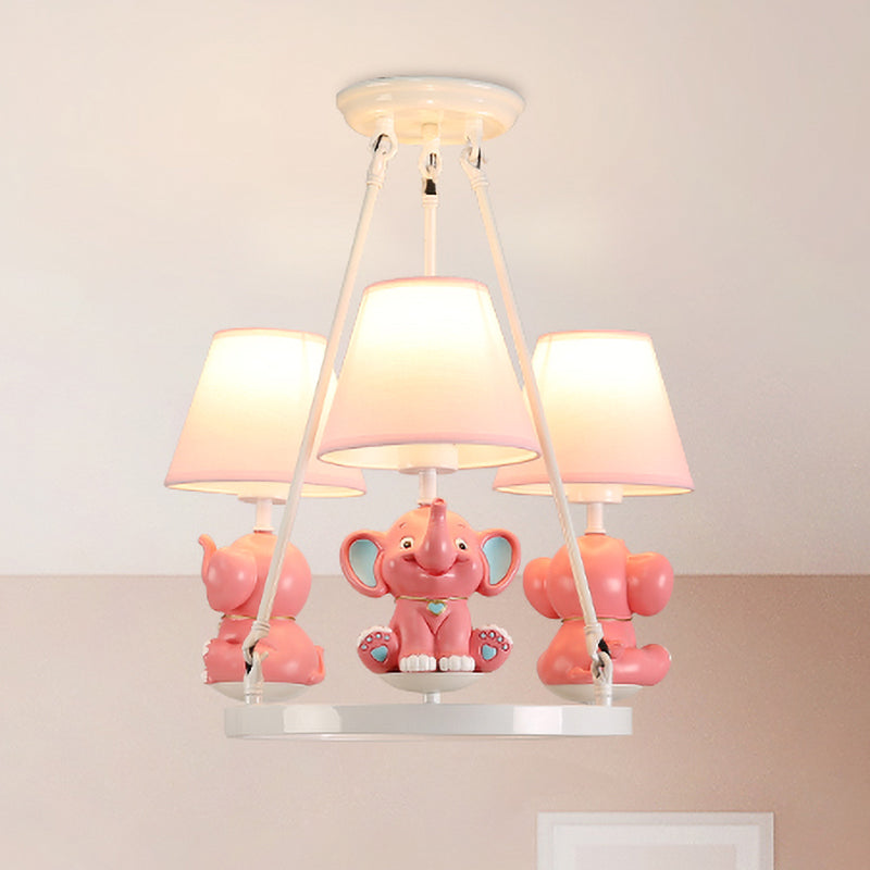 Pink Resin Elephant Chandelier With Conical Fabric Shade - Kids 3-Head Pendant Lamp