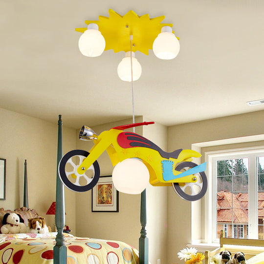 Yellow Motorbike Kids Pendant Lamp With White Glass Shade - 4 Light Cluster Ceiling Fixture