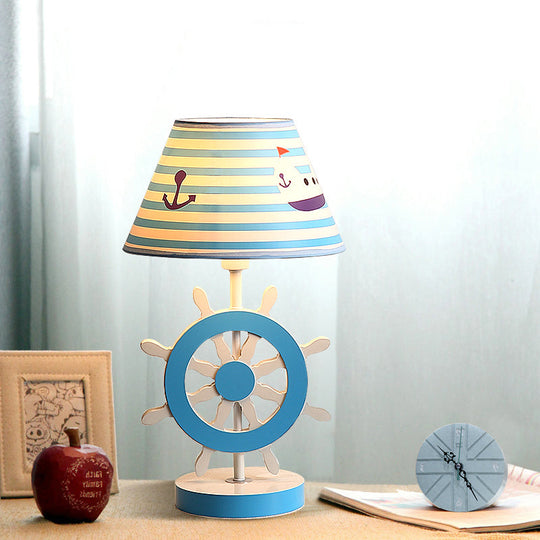 Blue Fabric Conical Study Light Kids Lamp With Rudder Base For Bedroom - Ideal Reading Book (1-Bulb)